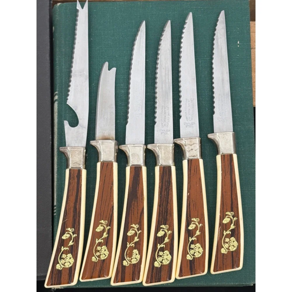 Vintage Lifetime Cutlery Sheffield England 15pc MCM Gold Floral Faux Wood Handle